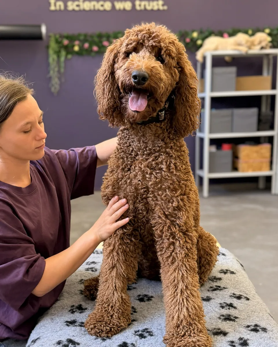 Zoofizjoterapeutka badająca brązowego, kręconowłosego psa siedzącego na stole zabiegowym w gabinecie DOGGO Academy